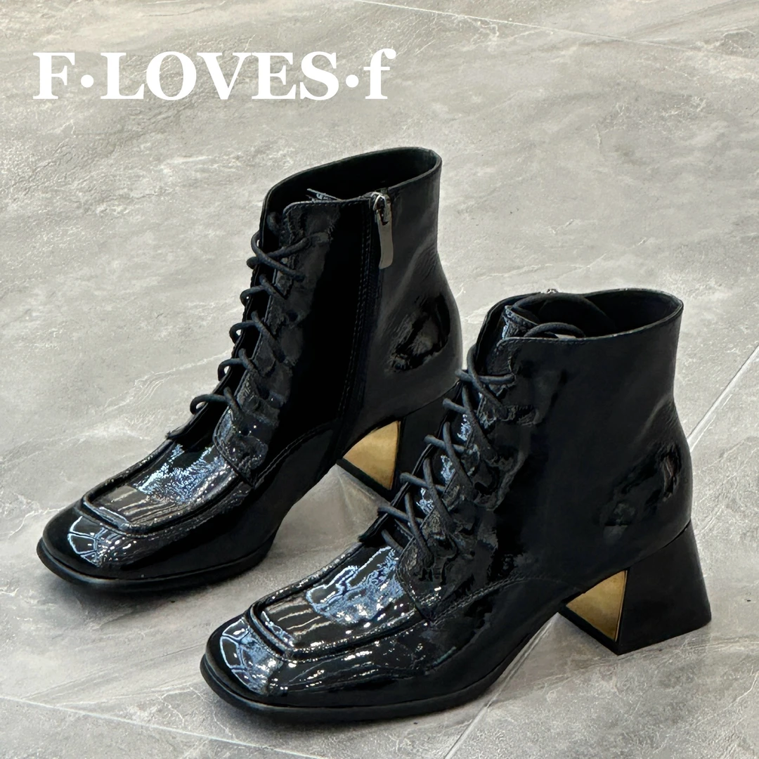 方爱芳女鞋时尚方头粗跟牛皮系带高跟时装靴