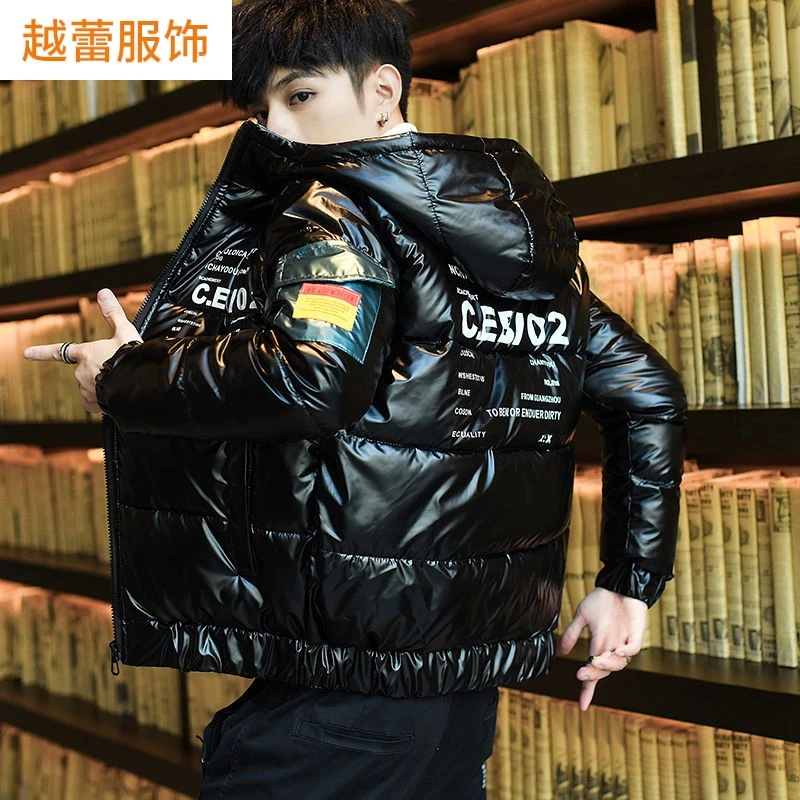 爆款亮面羽绒棉男士短款连帽亮皮羽绒棉2021新款韩版潮流冬装外套
