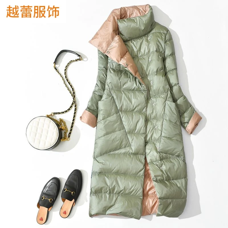 冬季双面穿白鸭绒轻薄羽绒服女韩版两面穿中长款过膝宽松加厚外套