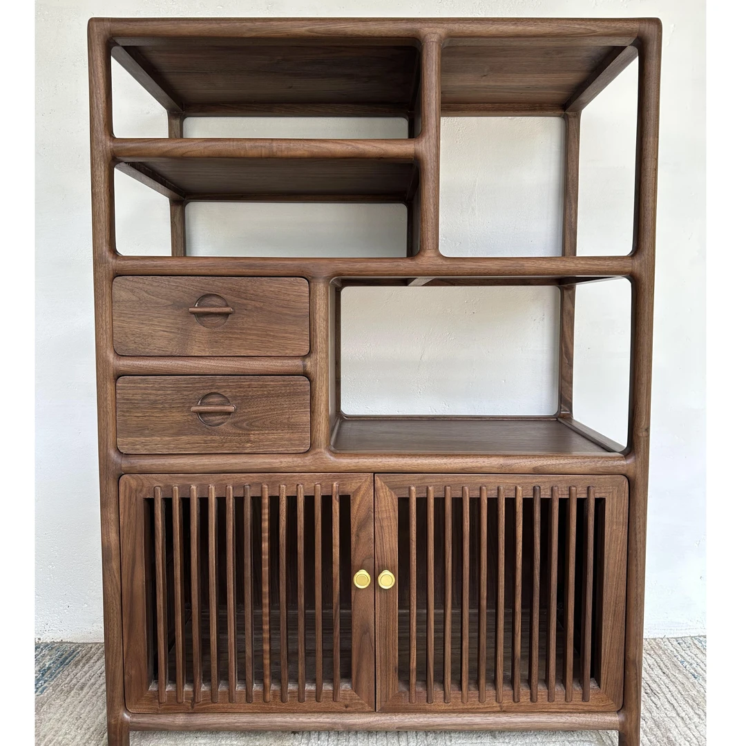 新中式家具实木材质黑胡桃色边柜简约茶柜矮柜