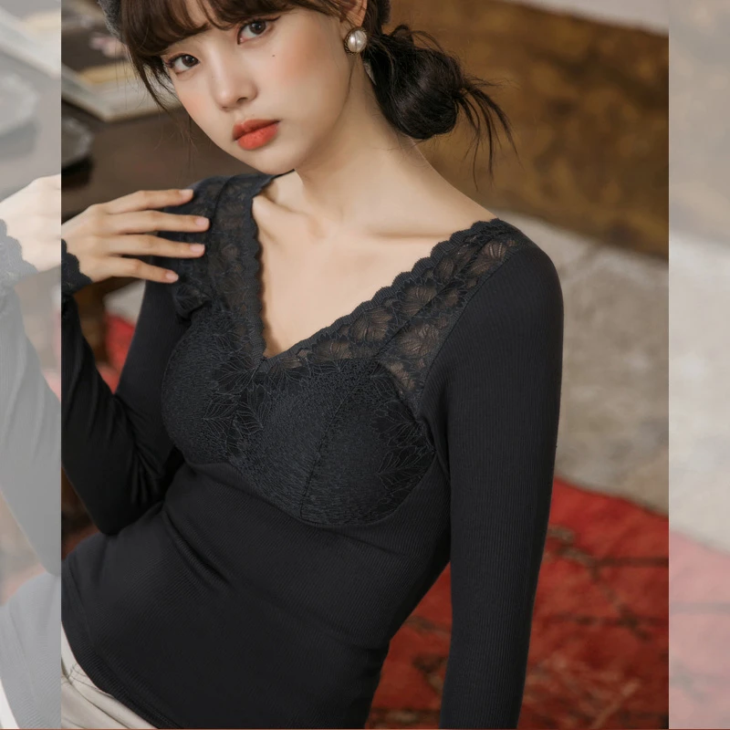 【两件修身保暖长袖】秋冬加绒加厚V领上衣内搭蕾丝打底衫女秋衣