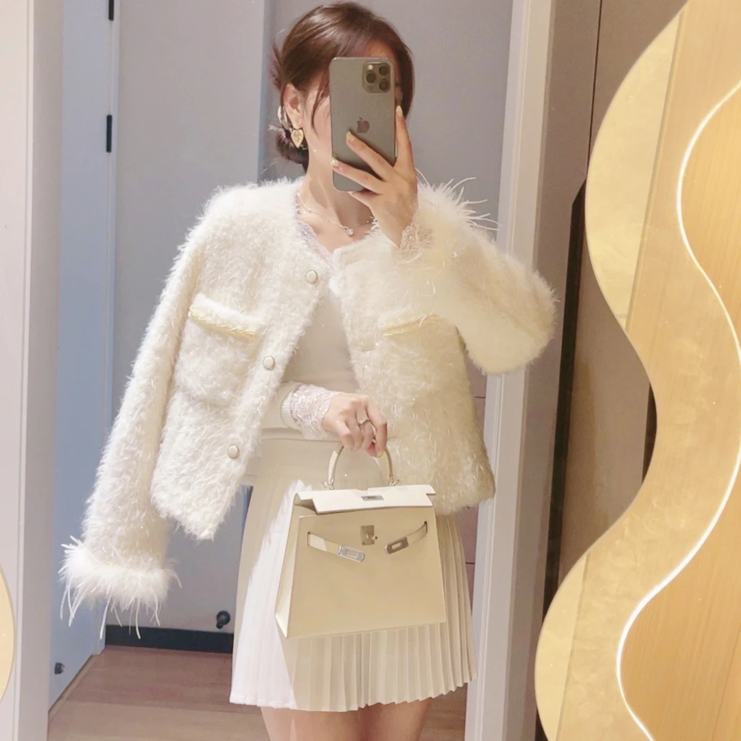 【90白鸭绒】冬季法式温柔风毛毛小香风短外套别致设计感开衫外衣