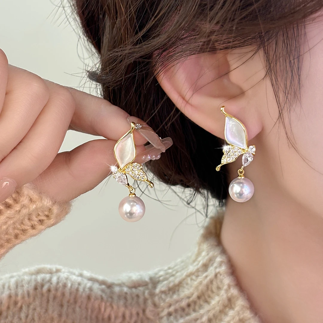 铜合金亚克力耳饰 高级感小众百搭滴油白色蝴蝶气质耳饰轻奢法式1