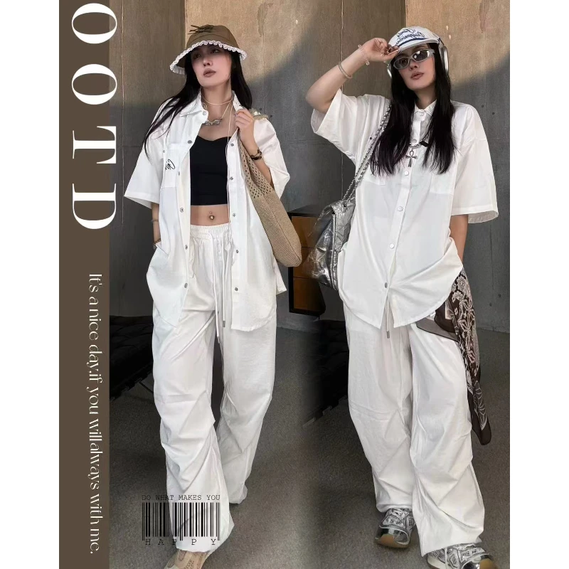 CBXLAB街舞潮牌女hiphop时尚白色工装衬衣套装宽松设计感休闲