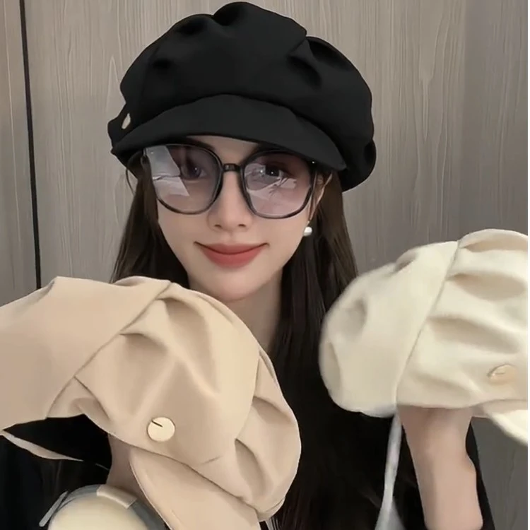 云朵帽子女褶皱包脸显脸小八角帽出游日常休闲韩版素颜短檐贝雷帽