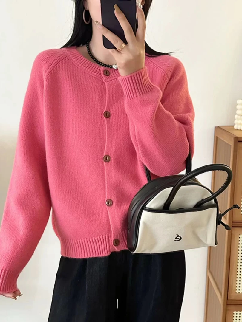 （树莓粉）秋冬新款韩版圆领纯色针织开衫外套毛衣女气质网红长袖