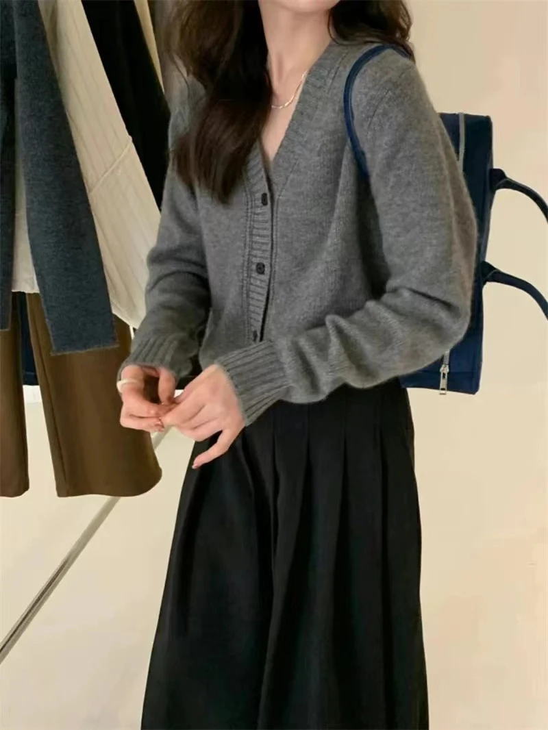 【象白灰】2024新款纯色韩版宽松V领长袖针织开衫女显瘦休闲百搭