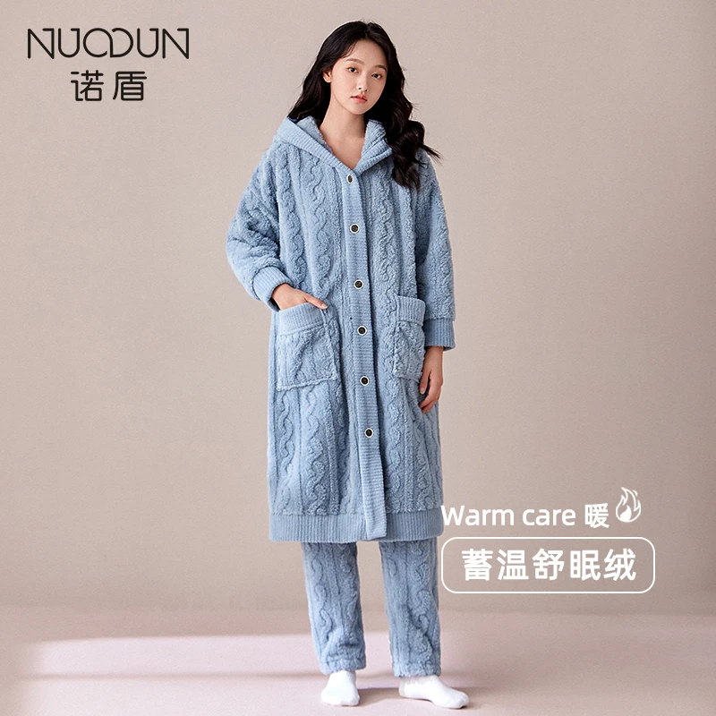 诺盾冬季睡衣女法兰绒加绒加厚爆款睡袍珊瑚绒休闲简约家居服套装