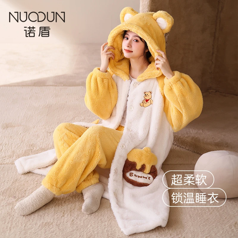 诺盾冬季睡袍女加厚加绒睡袄可外出保暖可爱珊瑚绒连帽套装家居服