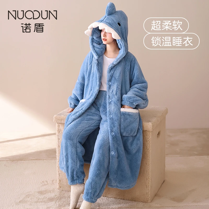 诺盾冬季睡袍女珊瑚绒卡通睡衣冬款2023新款加厚加绒款套装家居服