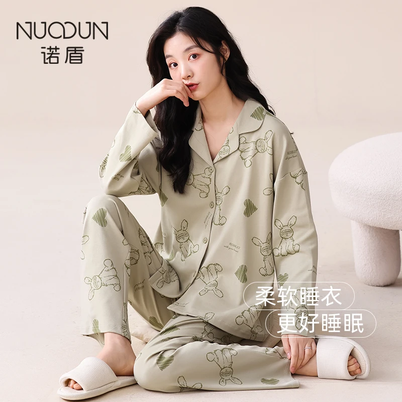 诺盾睡衣女春秋2023年新款卡通可外出纯棉宽松秋季长袖套装家居服