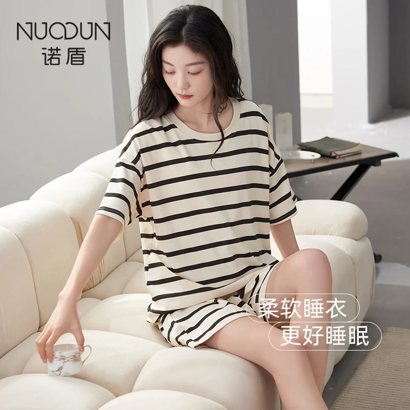 诺盾纯棉睡衣女夏季带胸垫短袖短裤新款休闲大码可外穿家居服套装