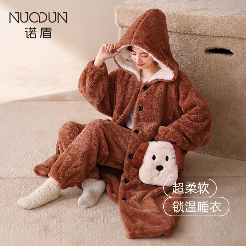 诺盾秋冬季睡袍女可外穿珊瑚绒长款睡衣加厚加绒款冬天套装家居服