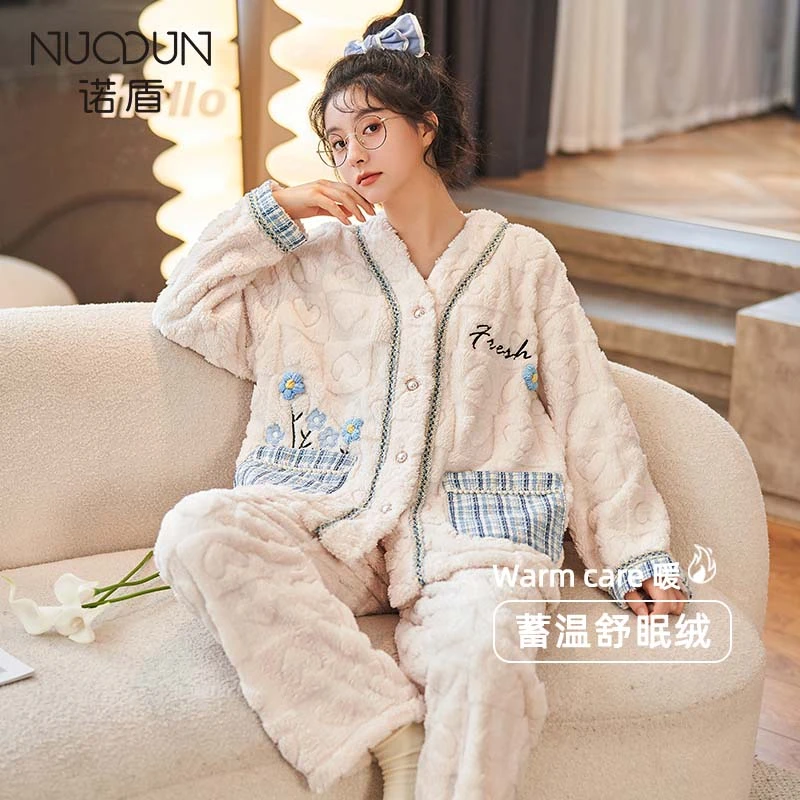 诺盾睡衣女冬季加厚加绒新款可外出秋冬长袖保暖高档套装家居居服