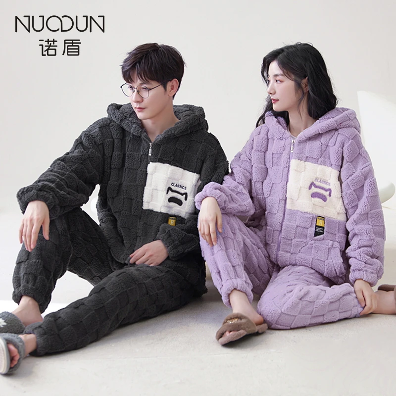 诺盾冬季睡衣女珊瑚绒男士加厚加绒可外出情侣连帽冬款套装家居服
