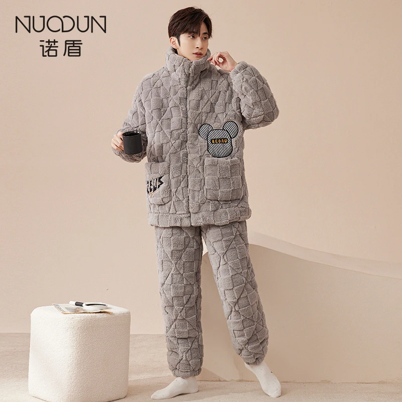 诺盾睡衣男士冬季珊瑚绒立领套装宽松加厚加绒三层夹棉情侣家居服