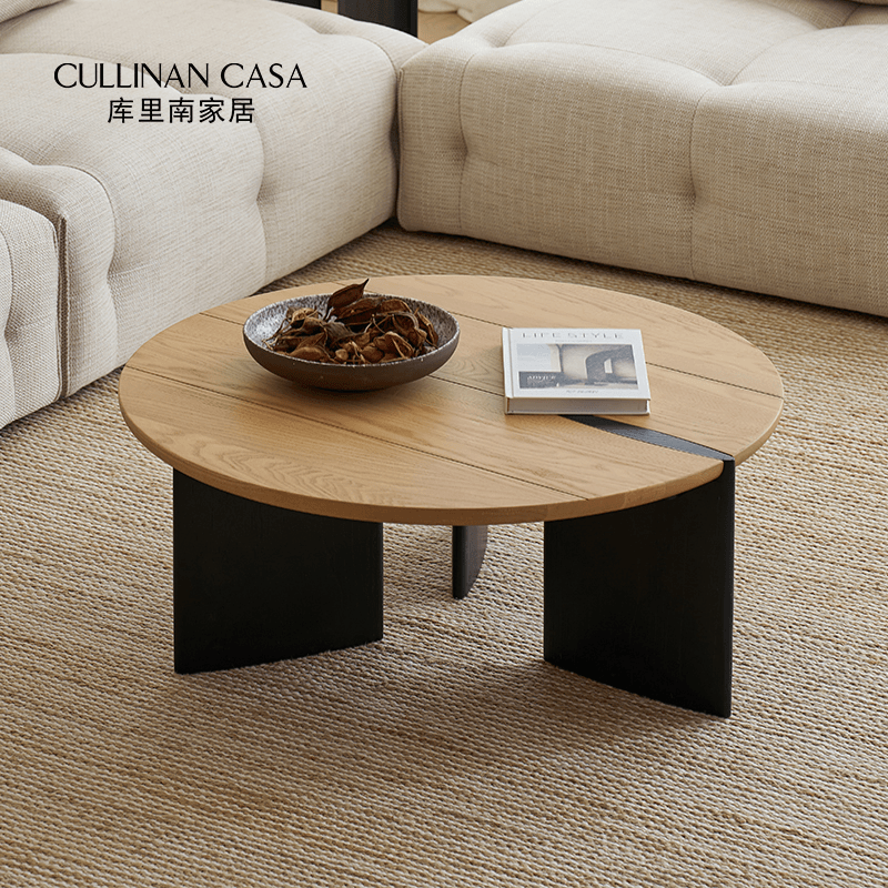 库里南家居三川茶几法式复古白蜡木北欧圆形实木小边几双圆茶几