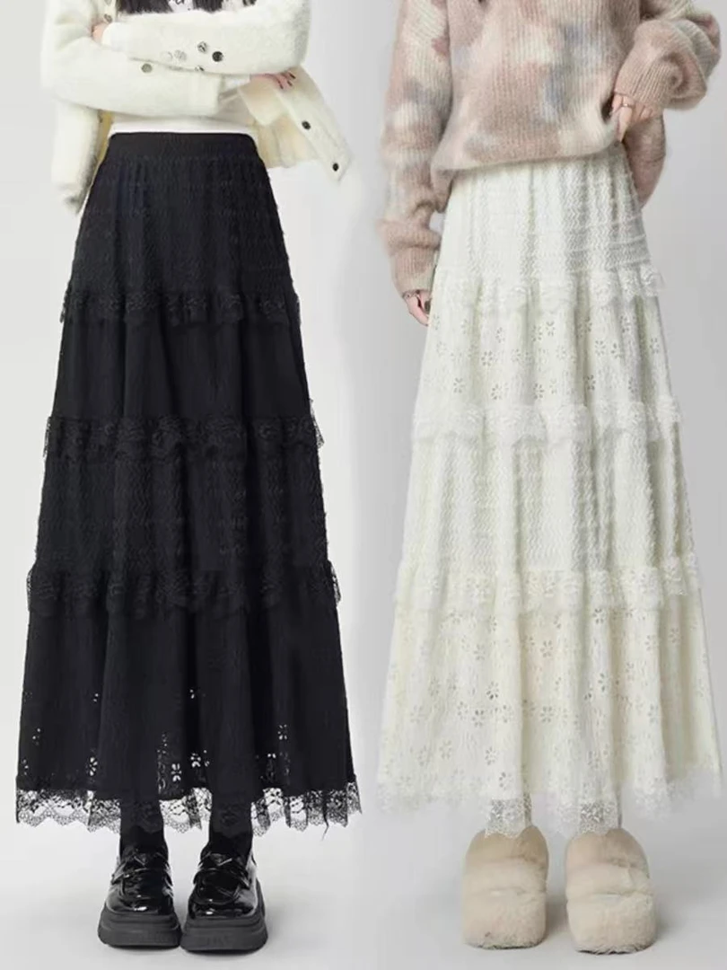 K088    #松紧腰蕾丝拼接半身裙