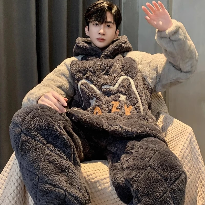 2023冬季连帽男士睡衣加绒加厚三层夹棉袄冬天超厚保暖家居服套装