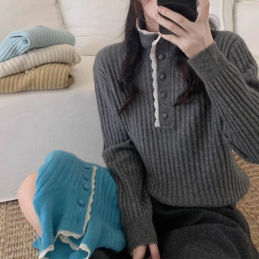 立领蕾丝边拼接毛衣慵懒有余量套头针织衫女显瘦韩系秋冬K8028