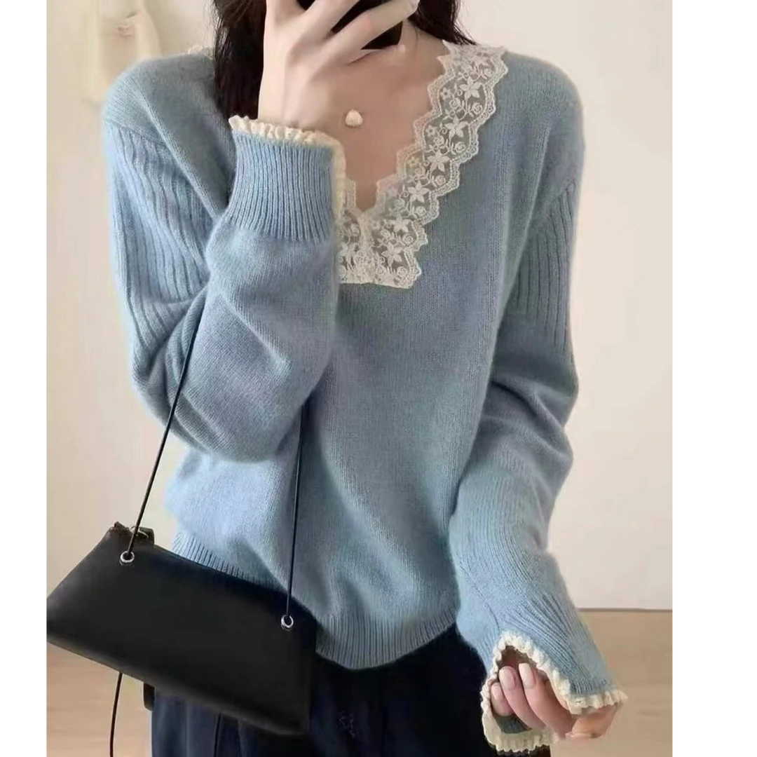 韩系温柔风拼接蕾丝花边针织衫2024新款V领毛衣秋冬打底衫K8026