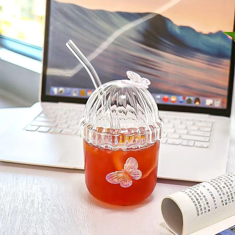粉色蝴蝶可爱吸管玻璃杯小红冷饮果汁家用杯子牛奶水杯喝水