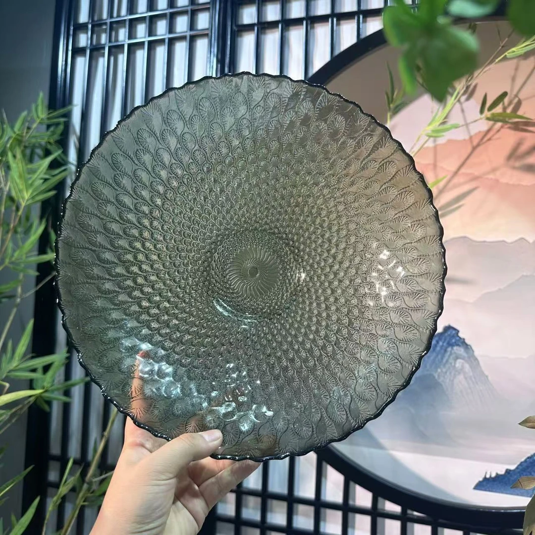 欧式浮雕凤尾玻璃水果盘大号30cm