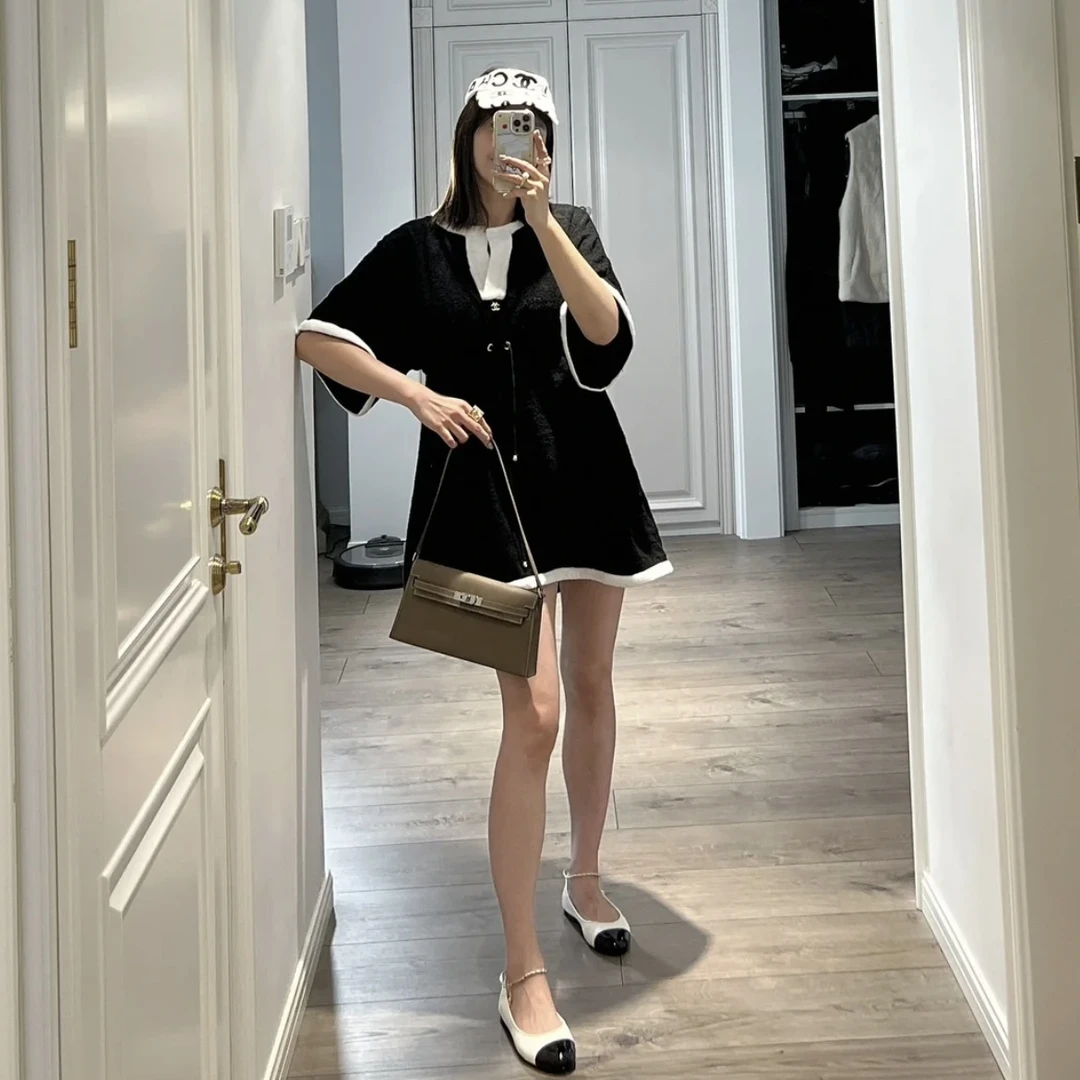 99新 Chanel/香奈儿 1k086 23k 双C金饰扣束腰短袖连衣裙 34码