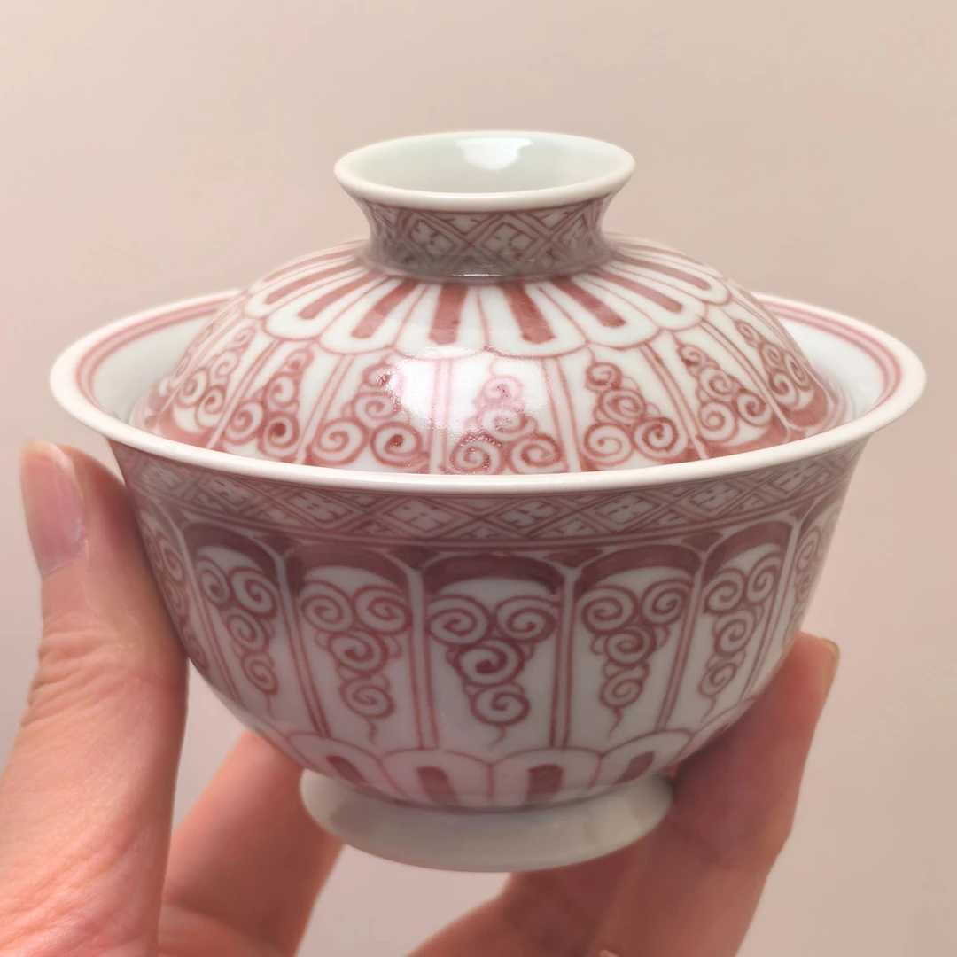 景德镇柴烧釉下釉里红二才盖碗手绘