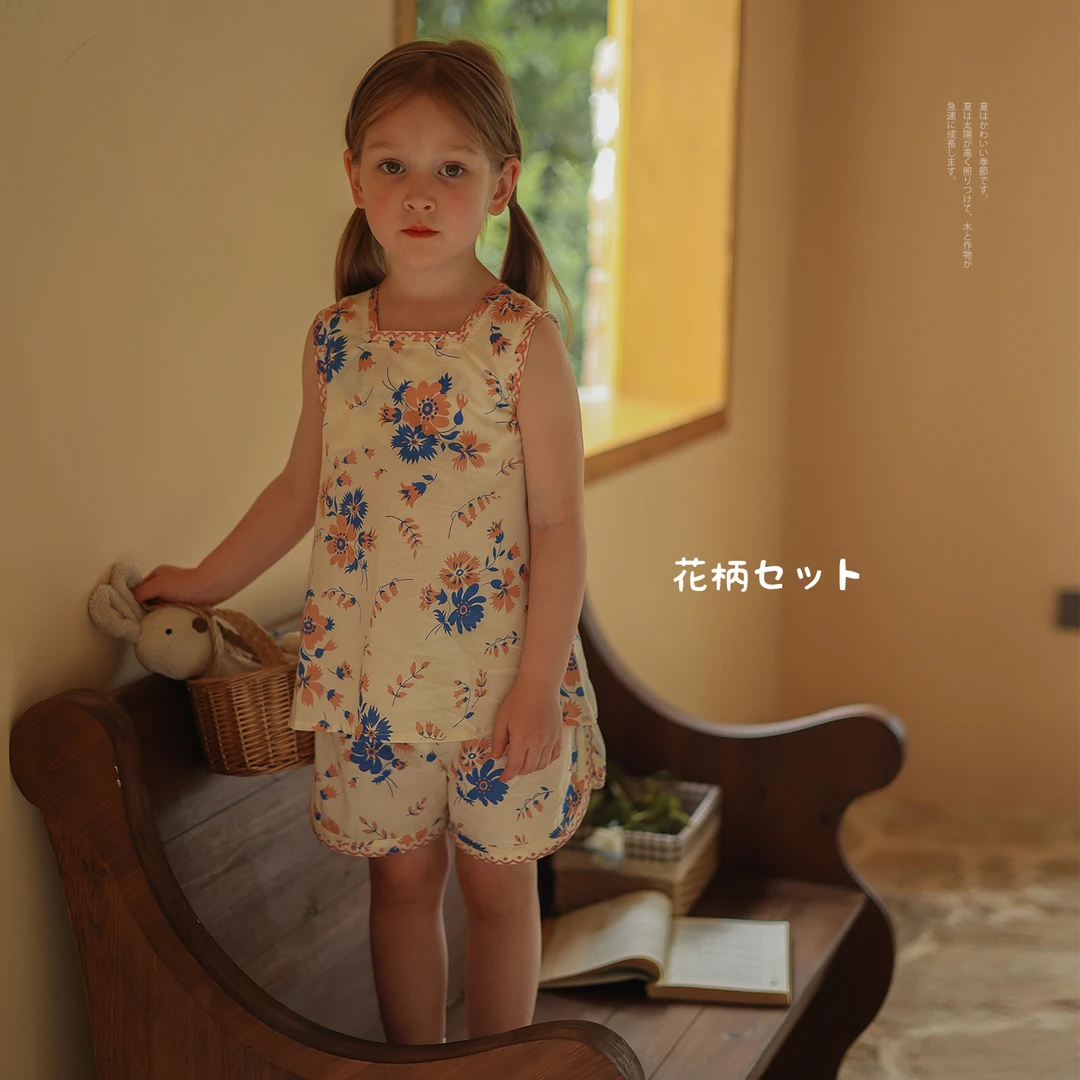 允儿妈女童碎花刺绣背心娃娃衫短裤套装 宝宝夏季上衣裤子两件套