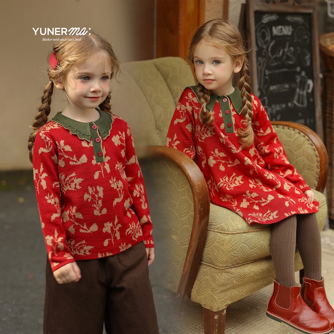 女童新年圣诞绵羊毛混纺毛衣连衣裙套装宝宝儿童秋冬洋气上衣裙子