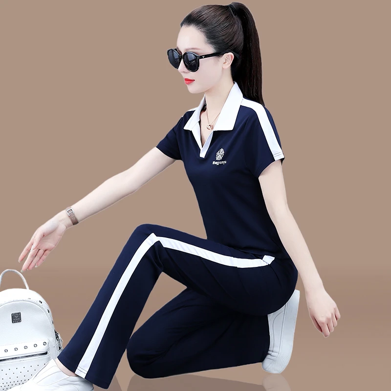 运动套装女夏季2025新款时尚气质翻领短袖薄款女士高档休闲两件套