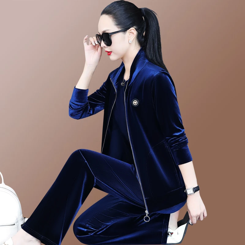 金丝绒休闲运动套装女士2025春秋新款纯色高档气质宽松卫衣三件套