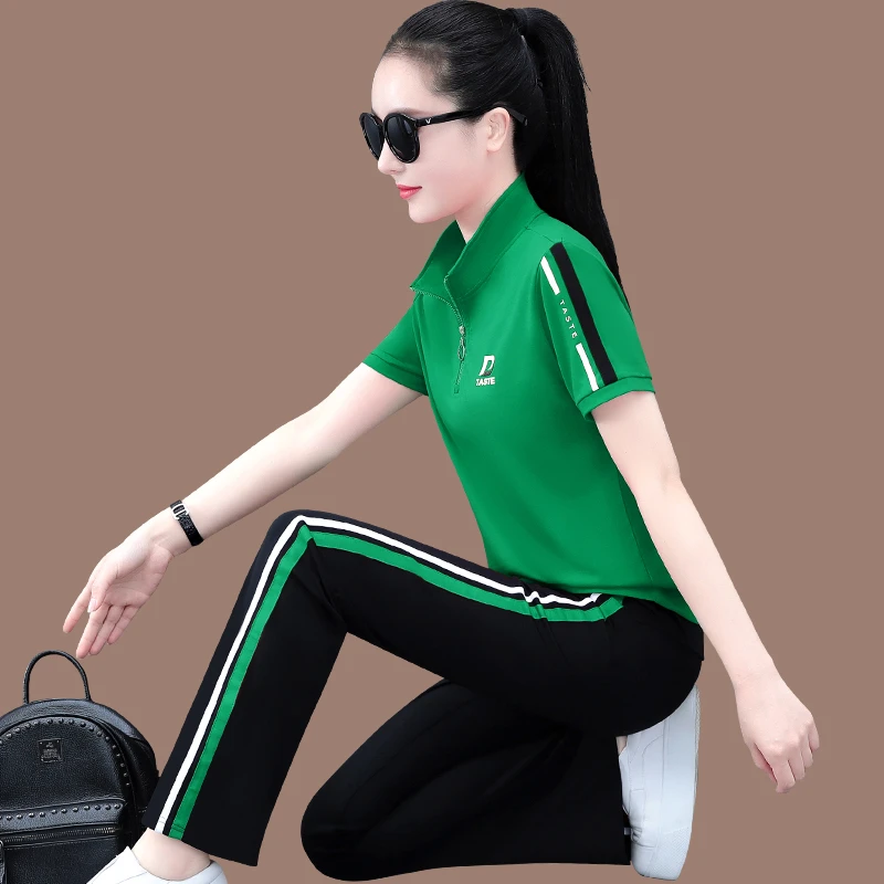 高档运动休闲套装女夏季薄款2025新款显瘦短袖长裤跑步健身两件套