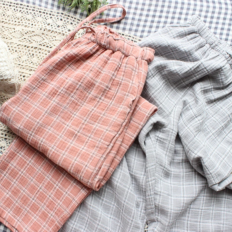 女纯棉睡裤春秋薄款水洗双层纱布格子男士宽松家居裤绉布情侣长裤