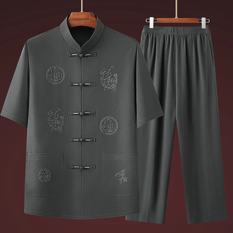 夏季中国风男士大码短袖唐装复古休闲薄款宽松老人中式半袖爷爷装