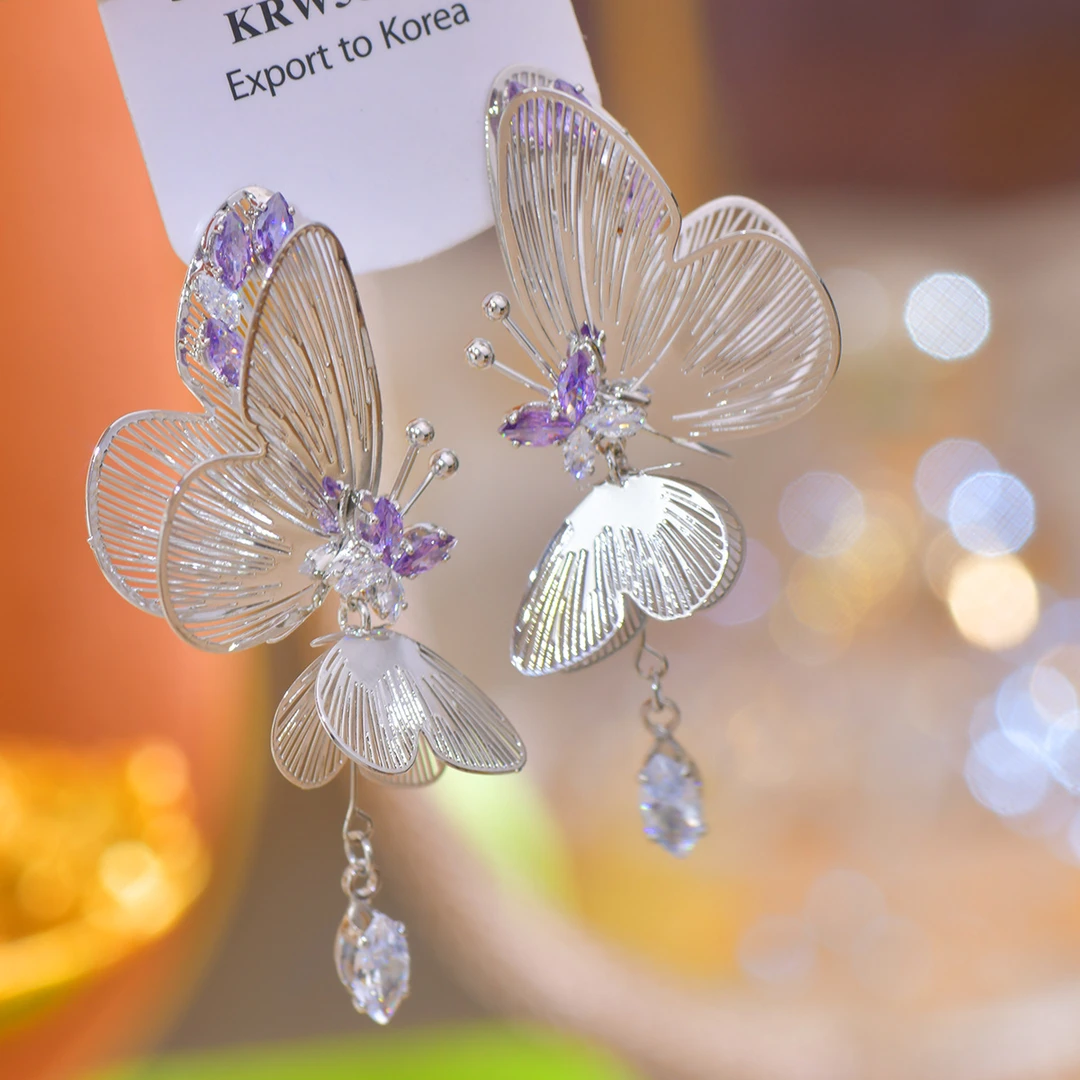 铜合金合成锆石耳饰 QX003仙气飘飘蝴蝶耳环耳饰女设计感