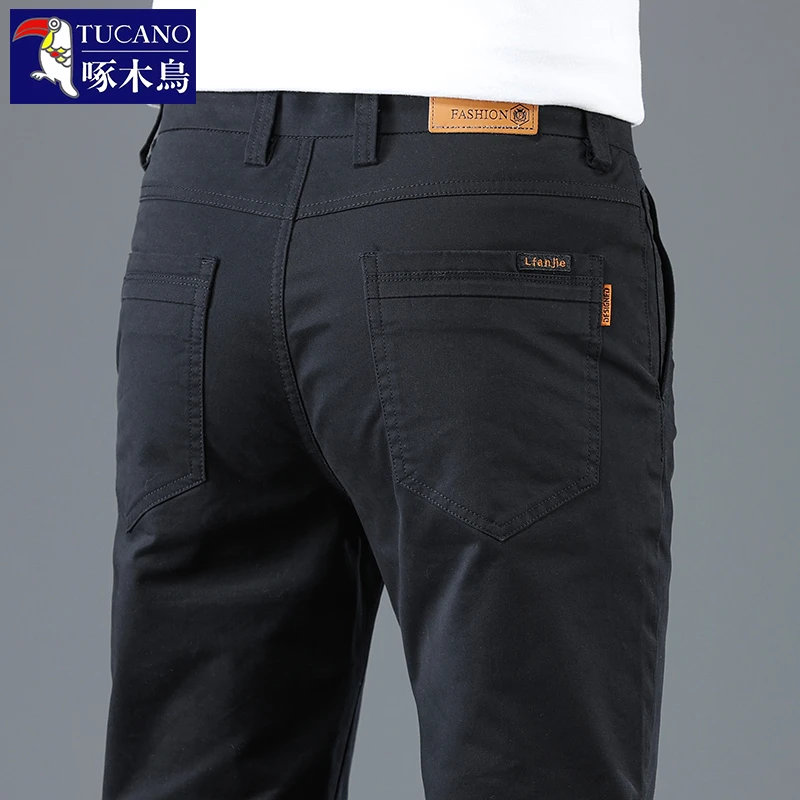 啄木鸟高端纯棉休闲裤男款秋冬新款长裤加绒直筒修身商务西裤男款