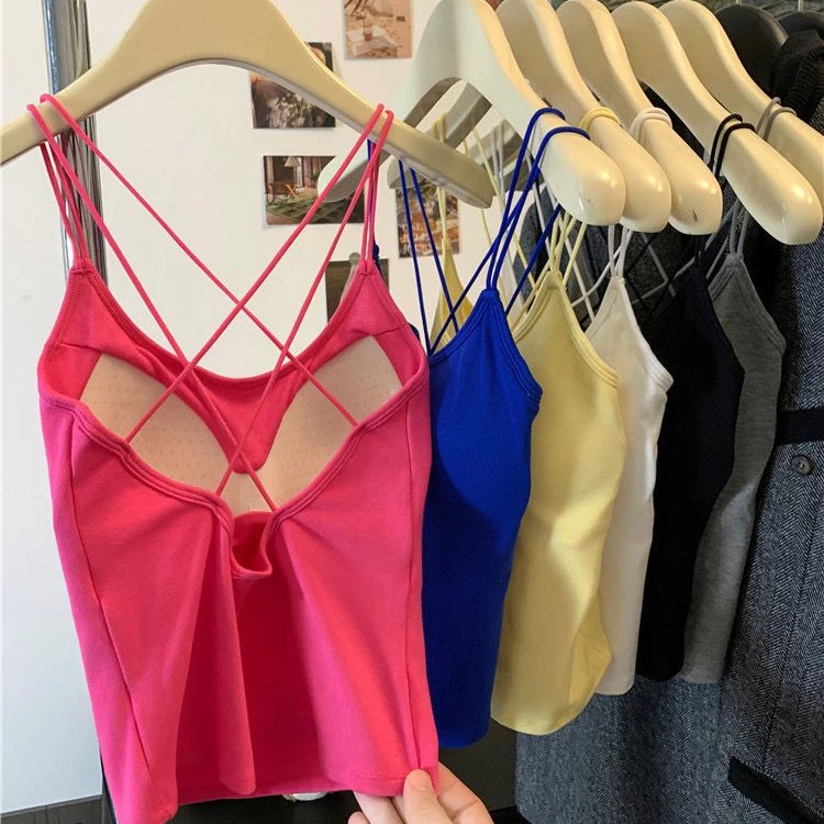 美式性感纯欲辣妹美背吊带背心女夏季交叉露背设计感带胸垫上衣Y