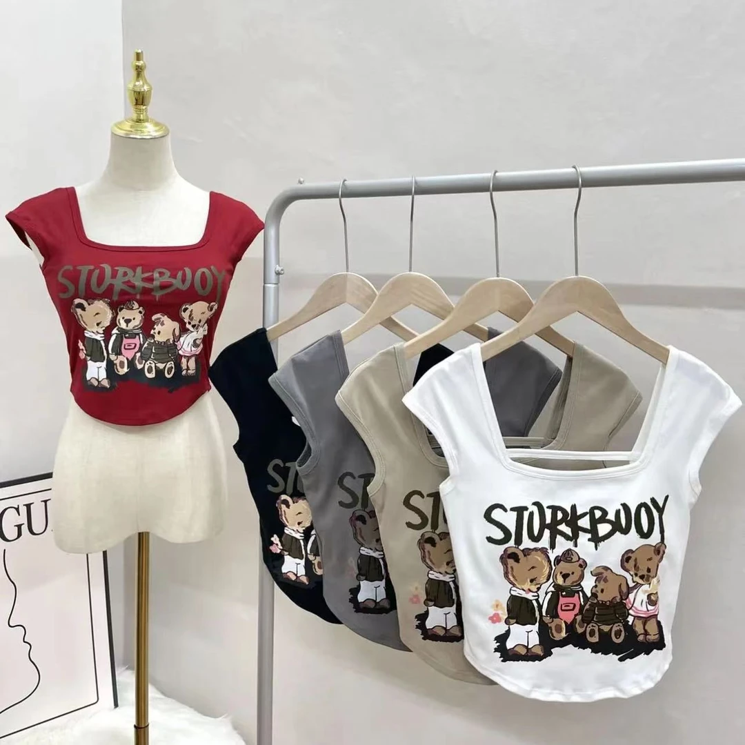 甜辣辣妹小飞袖小熊吊带夏季修身胸垫打底百搭镂空印花上衣背心女