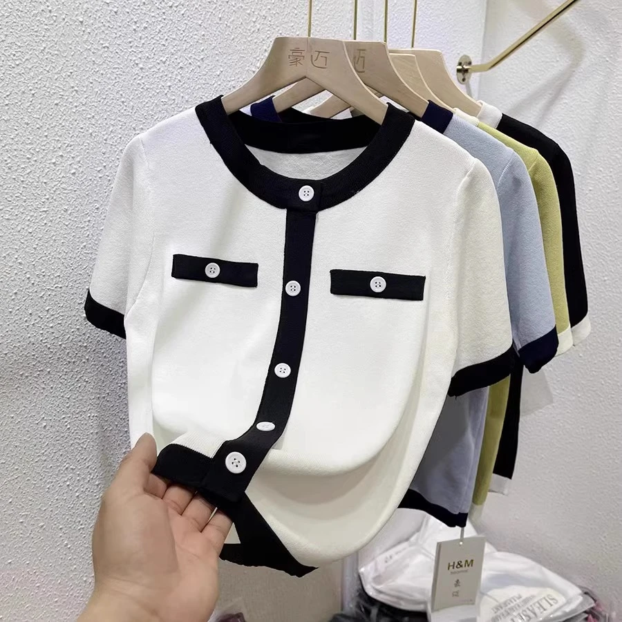 上衣小香风显瘦气质短款夏季撞色设计感洋气时尚薄款百搭小众薄款