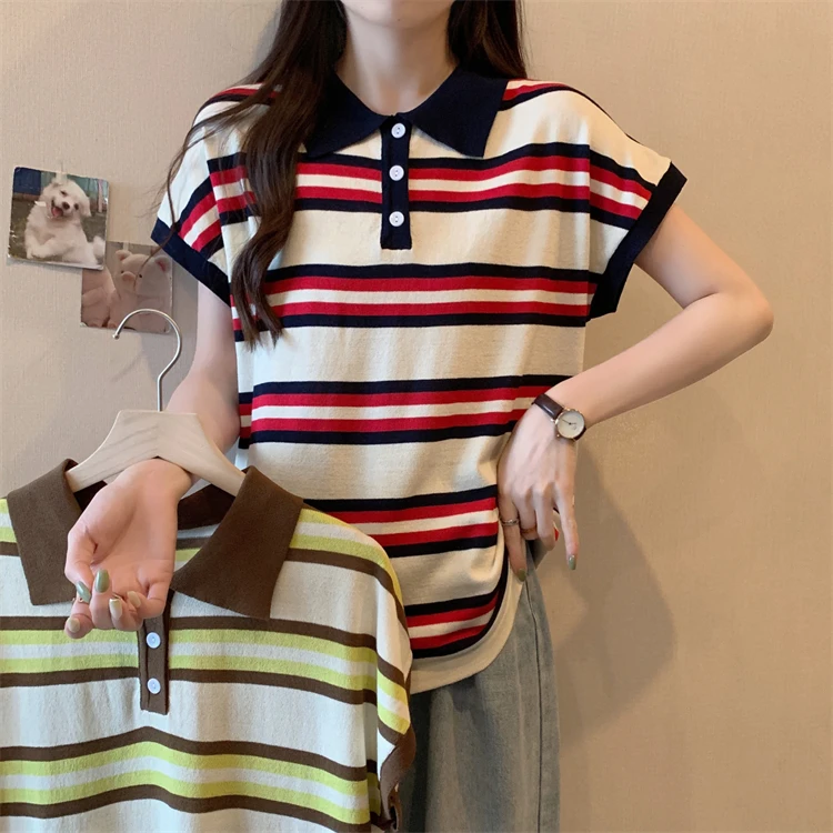 宽松显瘦【80-200斤】Polo衫撞色冰丝短袖T恤女夏季经典条纹上衣潮