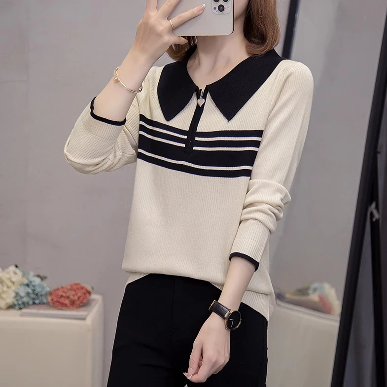 大码女装秋冬新款显瘦半拉链polo领毛衣女翻领设计感洋气针织上衣