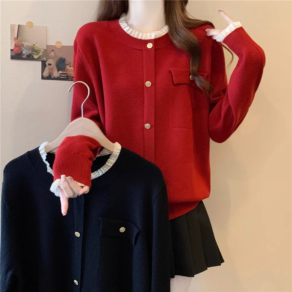 宽松显瘦【80-200斤】洋气蕾丝拼接毛衣女秋冬圆领套头打底衫上衣潮