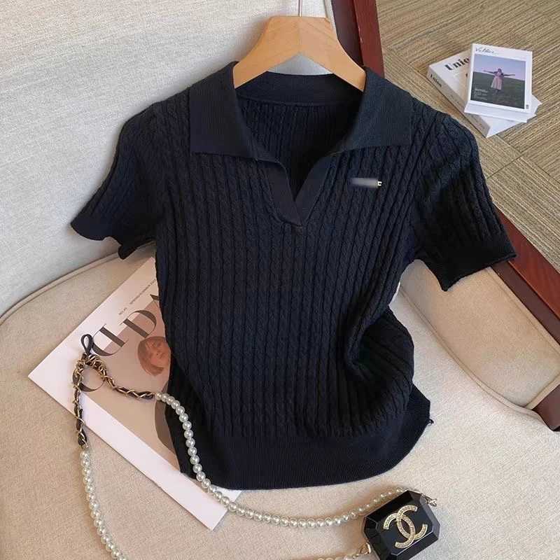 夏季新款polo翻领冰丝针织衫上衣女薄宽松显瘦大码胖mm短袖t恤衫