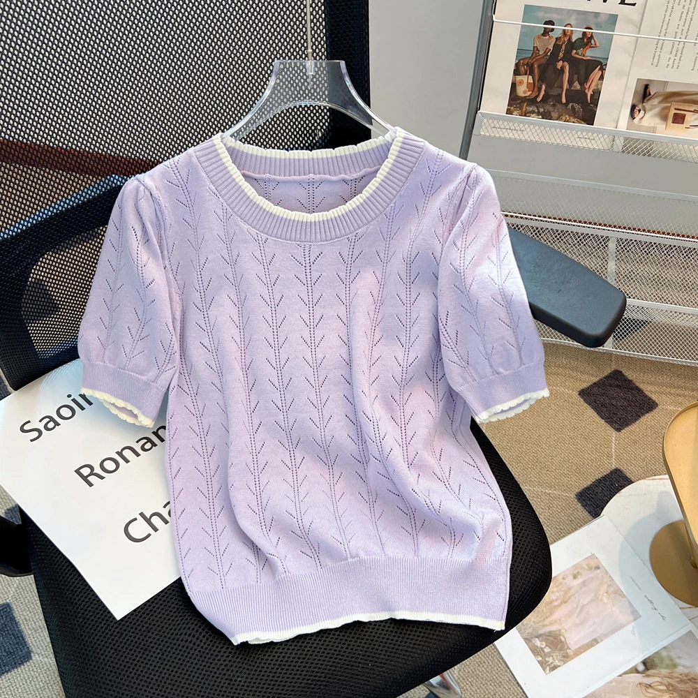 180斤可穿法式木耳边领冰丝短袖T恤女夏季撞色镂空别致百搭上衣潮