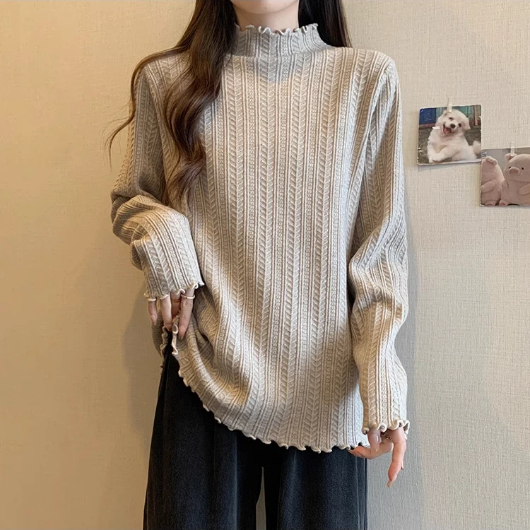 宽松显瘦【80-200斤】洋气木耳边针织上衣女秋冬半高领套头毛衣衫潮