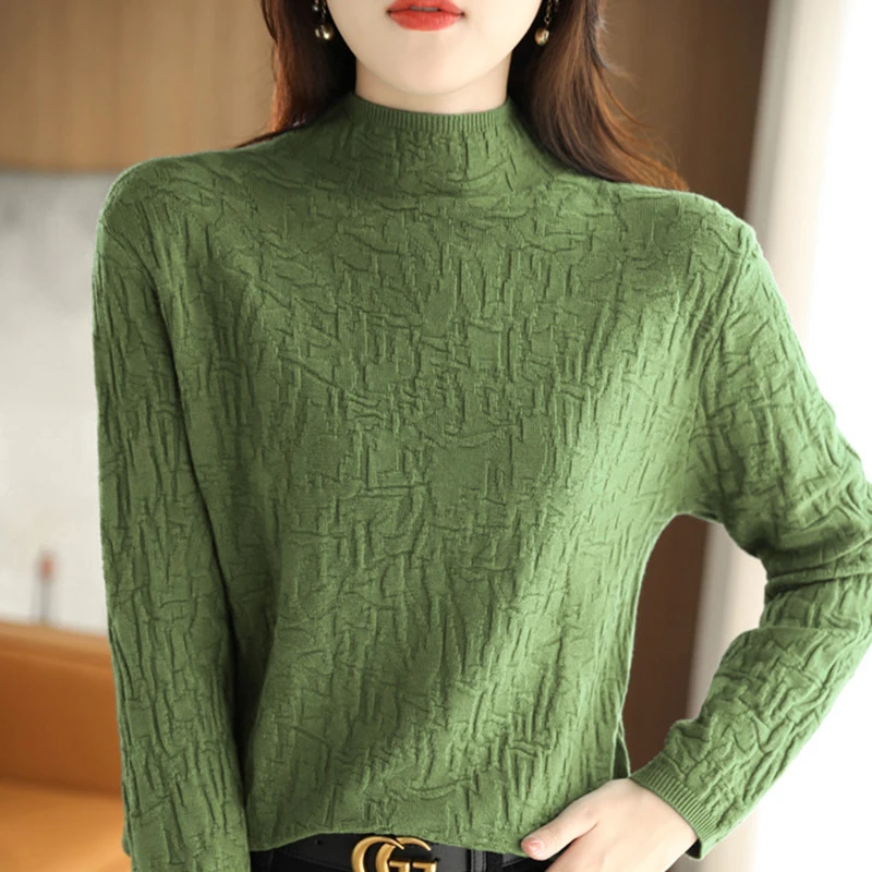 加厚款！2024冬季新款半高领3D复古花纹长袖套头宽松毛针织打底衫