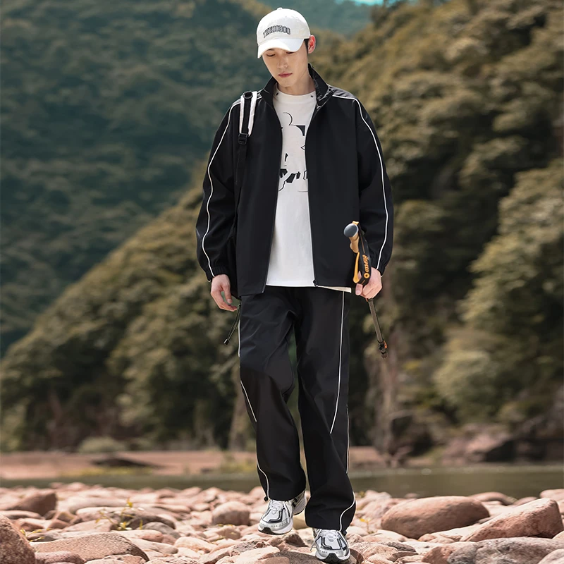 D06/春秋情侣套装立领夹克户外运动外套直筒休闲裤宽松版型百搭