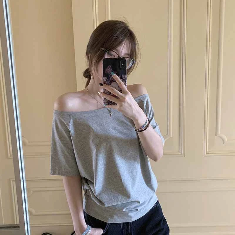 2025夏季新款设计感宽松弹力一字肩小众上衣女短袖T恤百搭显瘦